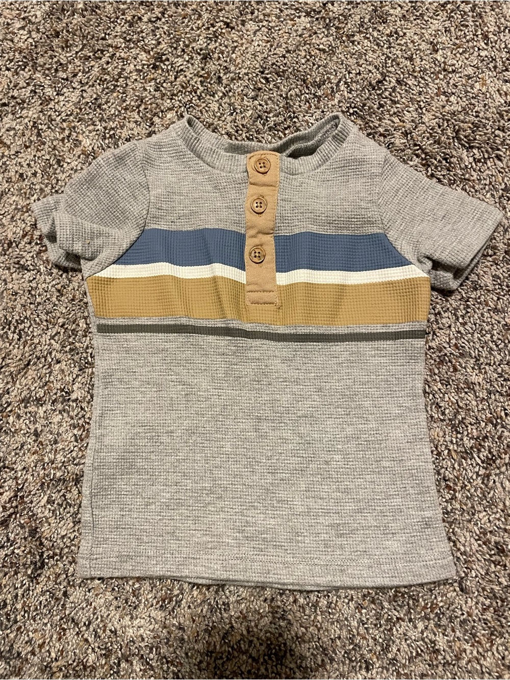 Toddler Short-Sleeve Henley Tee in Light Gray with Blue & Tan Stripes